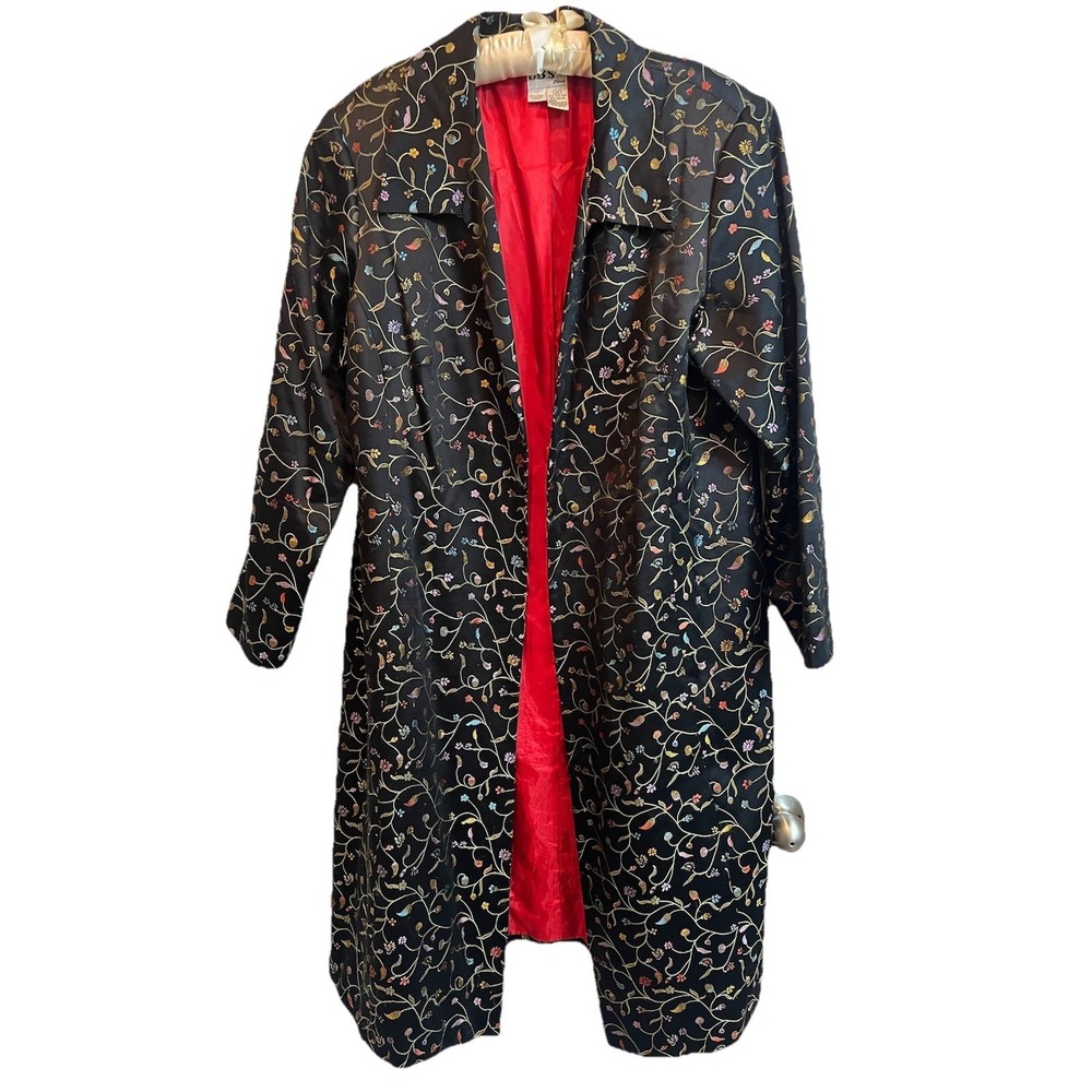 Vintage JBS Lined Long Black Embroidered Floral Jacket Silk Blend Open Front 2X